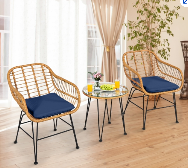 3PCS Rattan Bistro Furniture Set Cushioned Chair Table, Fully assembled