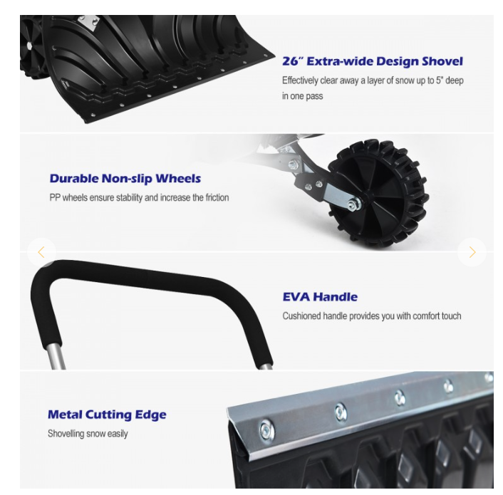 Rolling Snow Pusher Shovel with Adjustable Handle
