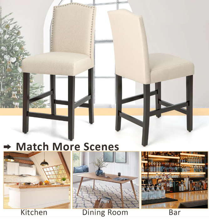 2 Pcs Fabric Nail Head Counter Height Dining Side Chairs Set-Beige