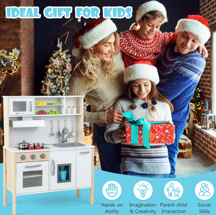 Kids Kitchen Playset Wooden Pretend Play Chef Toy w/ Microwave & Accessories, 1 box unassembled