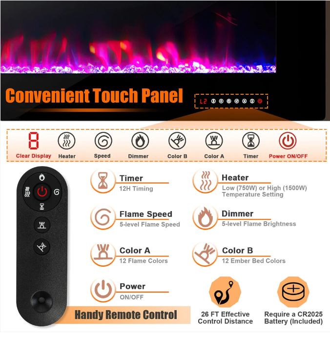 50 Inch Ultra-Thin Electric Fireplace with Decorative Crystals and remote