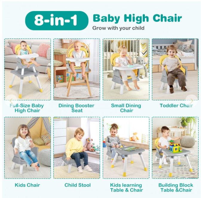 6-in-1 Convertible Baby High Chair with Adjustable Removable Tray