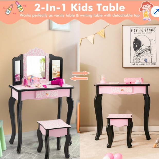 Kids Vanity Set, Leopard Print Pink, Fully Assembled