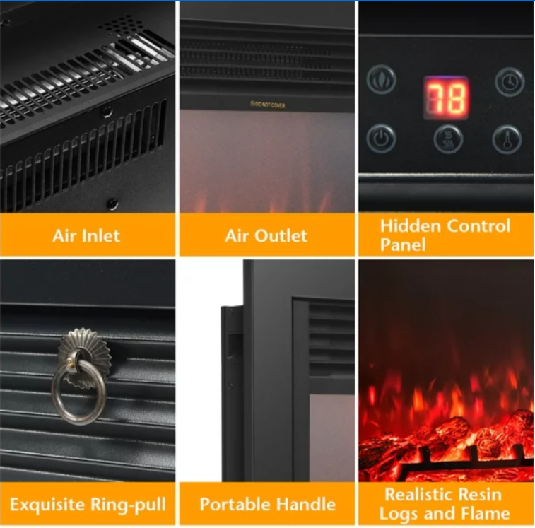 Freestanding 28.5" Fireplace Electric Heater Glass Log Flame (No Remote)