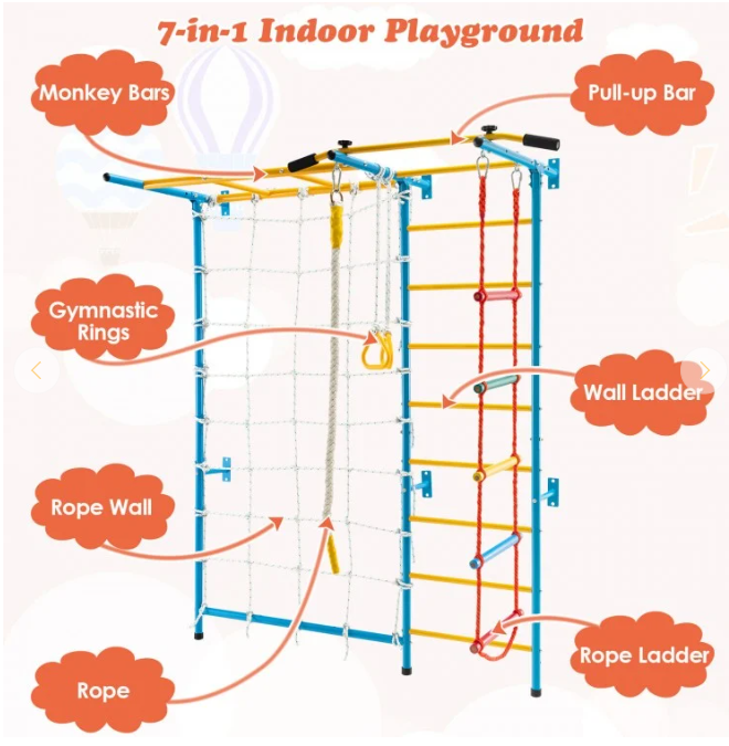 7 In 1 Kids Indoor Gym Playground Swedish Wall Ladder. 1 box, unassembled