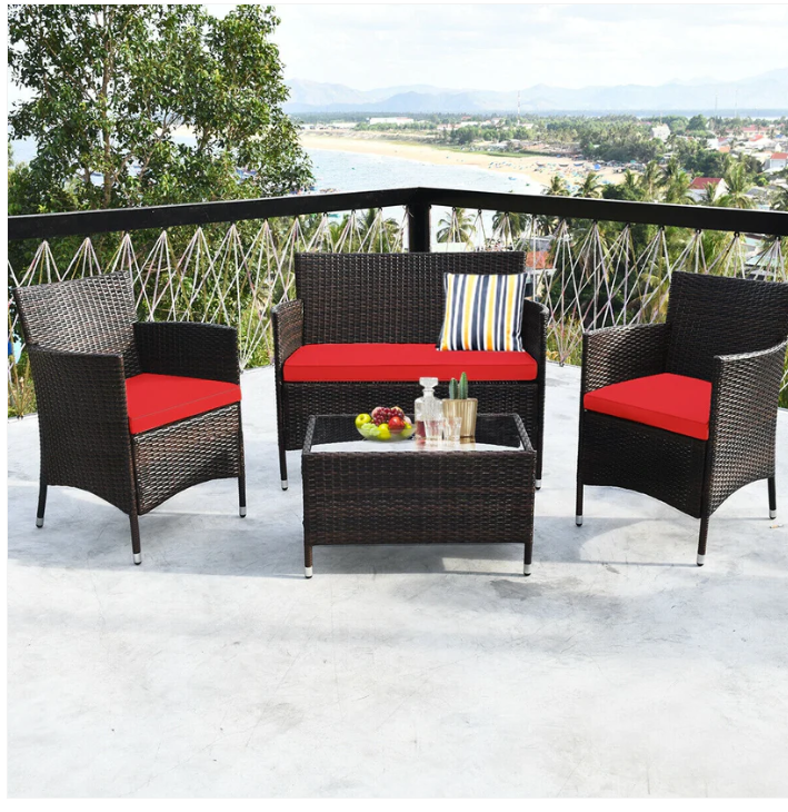 4 Pieces Comfortable Rattan Outdoor Furniture Set with Glass Table-Red - ASSEMBLED