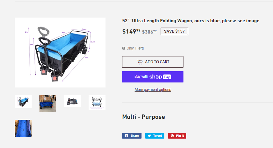 SPECIAL, 52`` Ultra Length Folding Wagon with wide beach wheels, blue