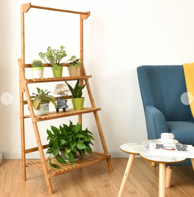 3 Tiers Bamboo Hanging Folding Plant Shelf Stand, fully assembled