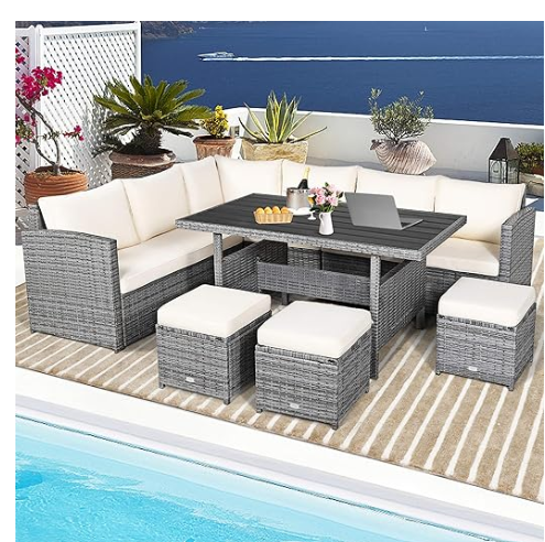7 Pieces Outdoor Wicker Sectional Sofa Set with Dining Table, fully assembled