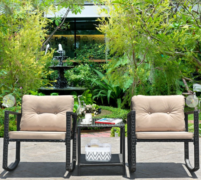 3 Pieces Wicker Rocking Bistro Set with Glass Coffee Table -Beige - Fully Assembled