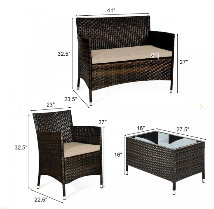 4 Pieces Comfortable Rattan Outdoor Furniture Set, Beige Cushions - ASSEMBLED