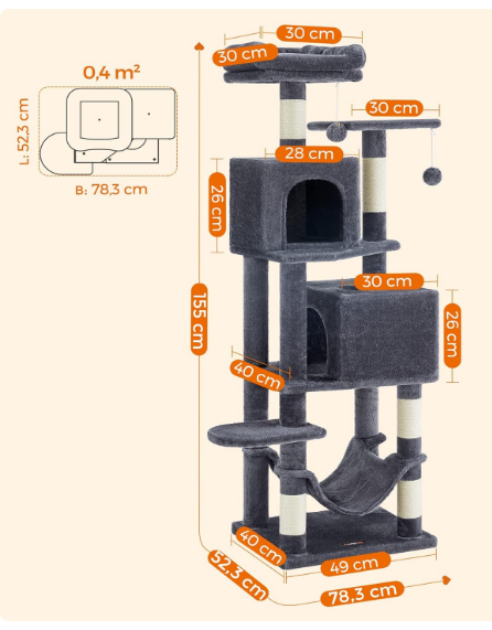Fully Assembled, Cat Condo, cat tree, 61-Inch Cat Tower with 5 Scratching Posts, 2 Perches, 2 Caves, Hammock, 2 Pompoms, Beige