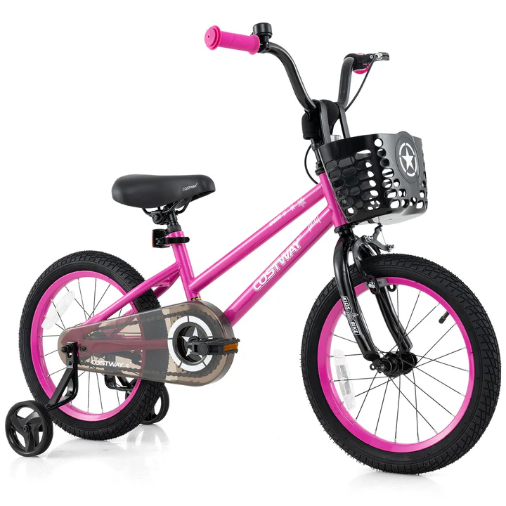 16 Inch Kids Bike with Front Handbrake and 2 Training Wheels-Pink/black, fully assembled