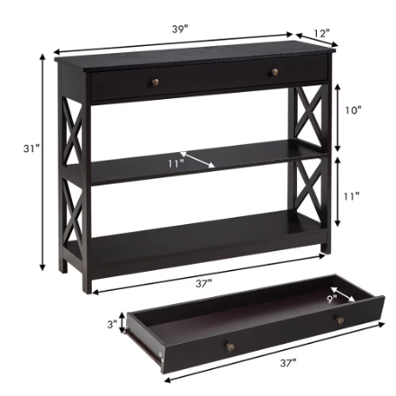 3-Tier Console Table X-Design Sofa Entryway Table with Drawer & Shelves Espresso