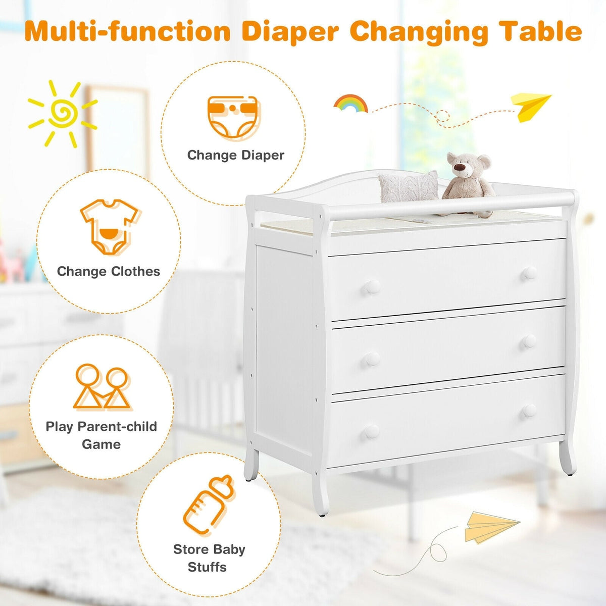 Baby Changing Table with 3 Drawers and Safety Belt-White, FULLY ASSEMBLED