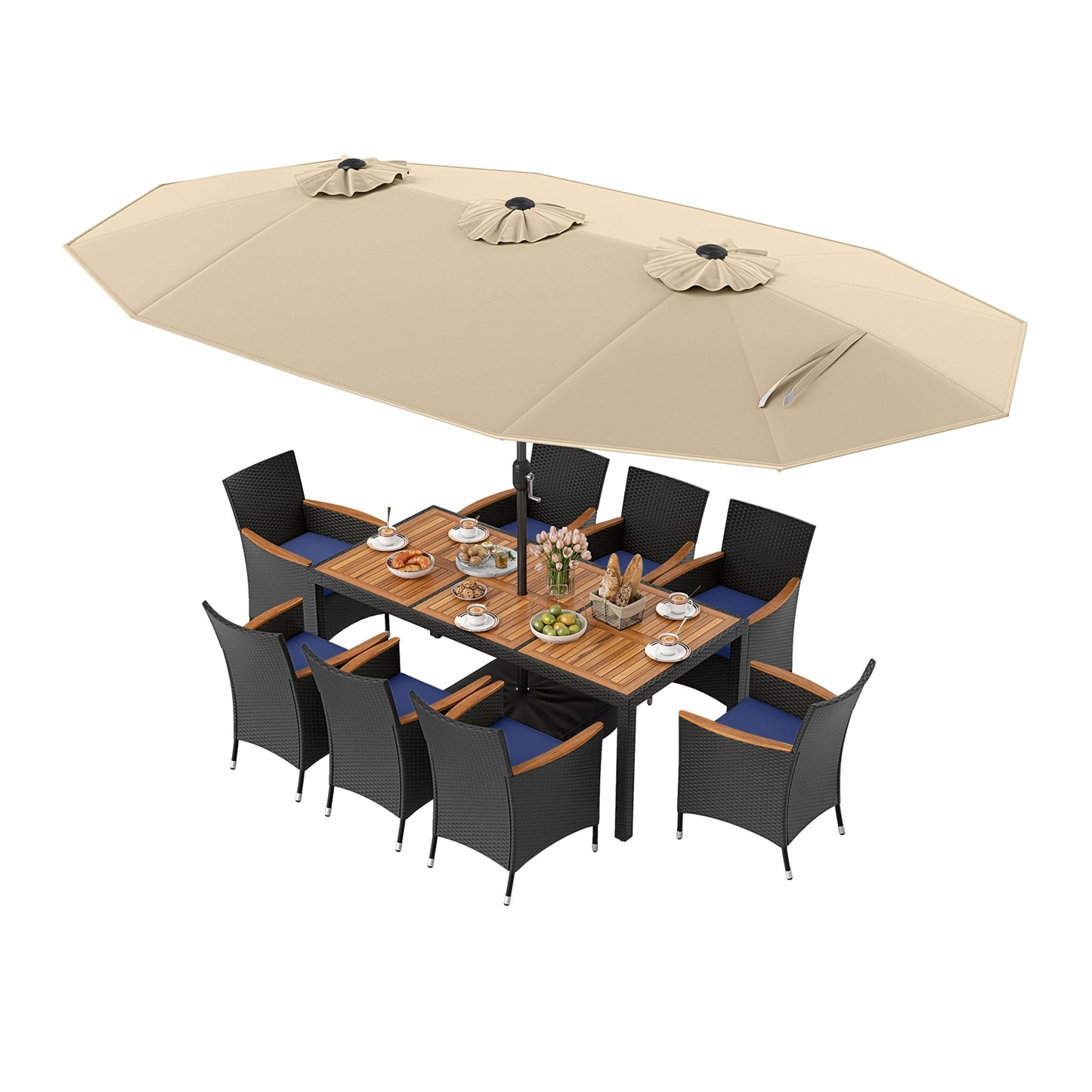15 Feet Double-Sided Twin Umbrella and Base-Beige