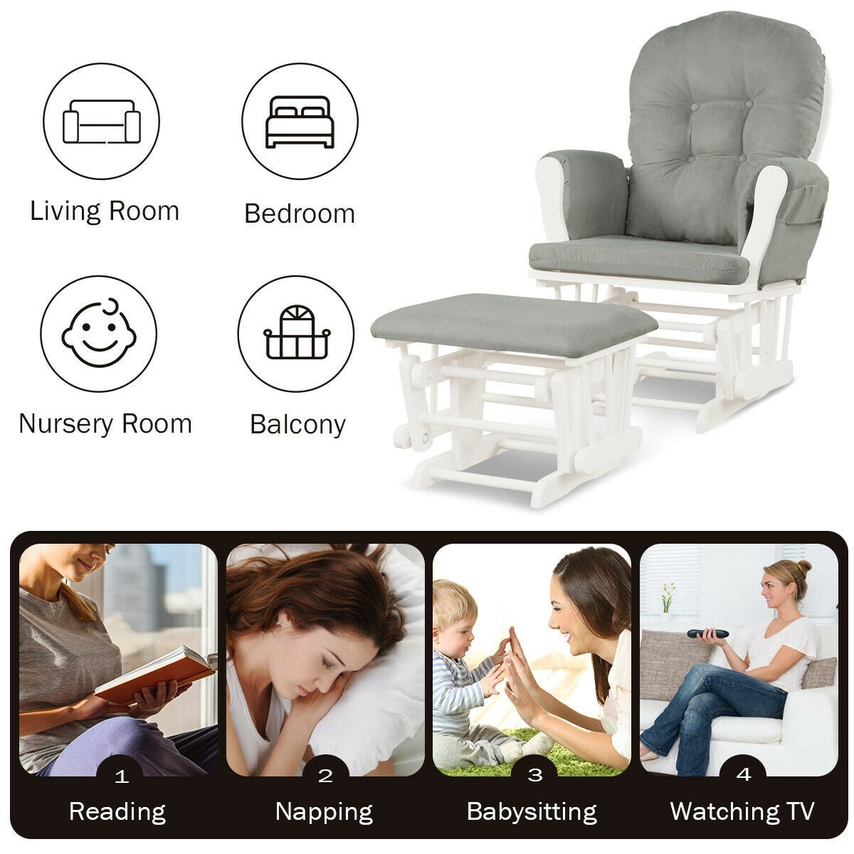 2 Piece Set, Solid Wood Gliding Chair Set with Pockets and Ottoman for Relaxing, assembled