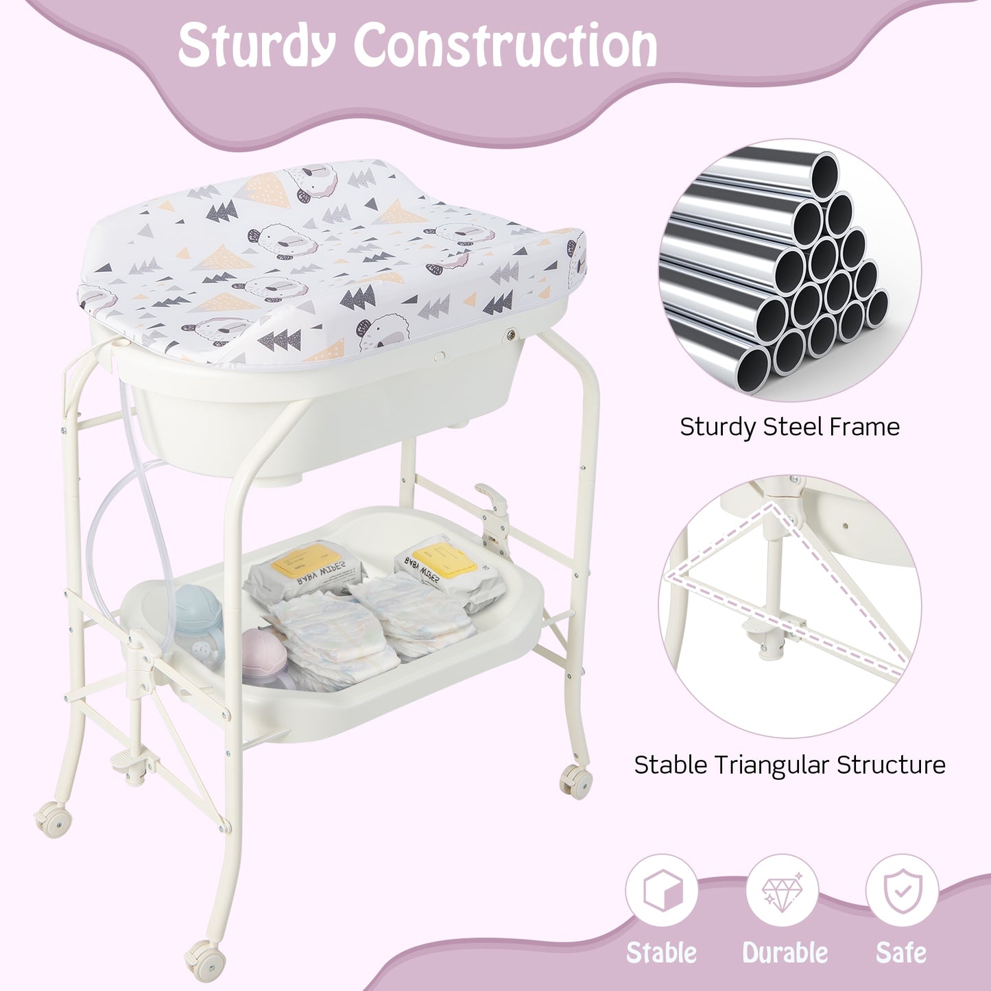 Folding Baby Changing Table with Bathtub and 4 Universal Wheels-White