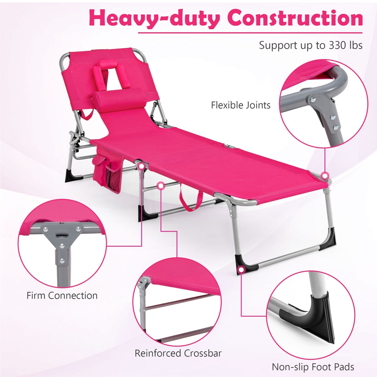 No TAX - Folding Beach Lounge Chair with Pillow for Outdoor-Pink