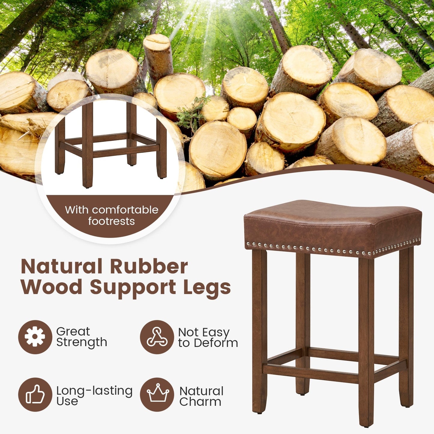 2 PIECE SET, 24 Inch Upholstered PU Leather Bar Stools Set of 2-Brown