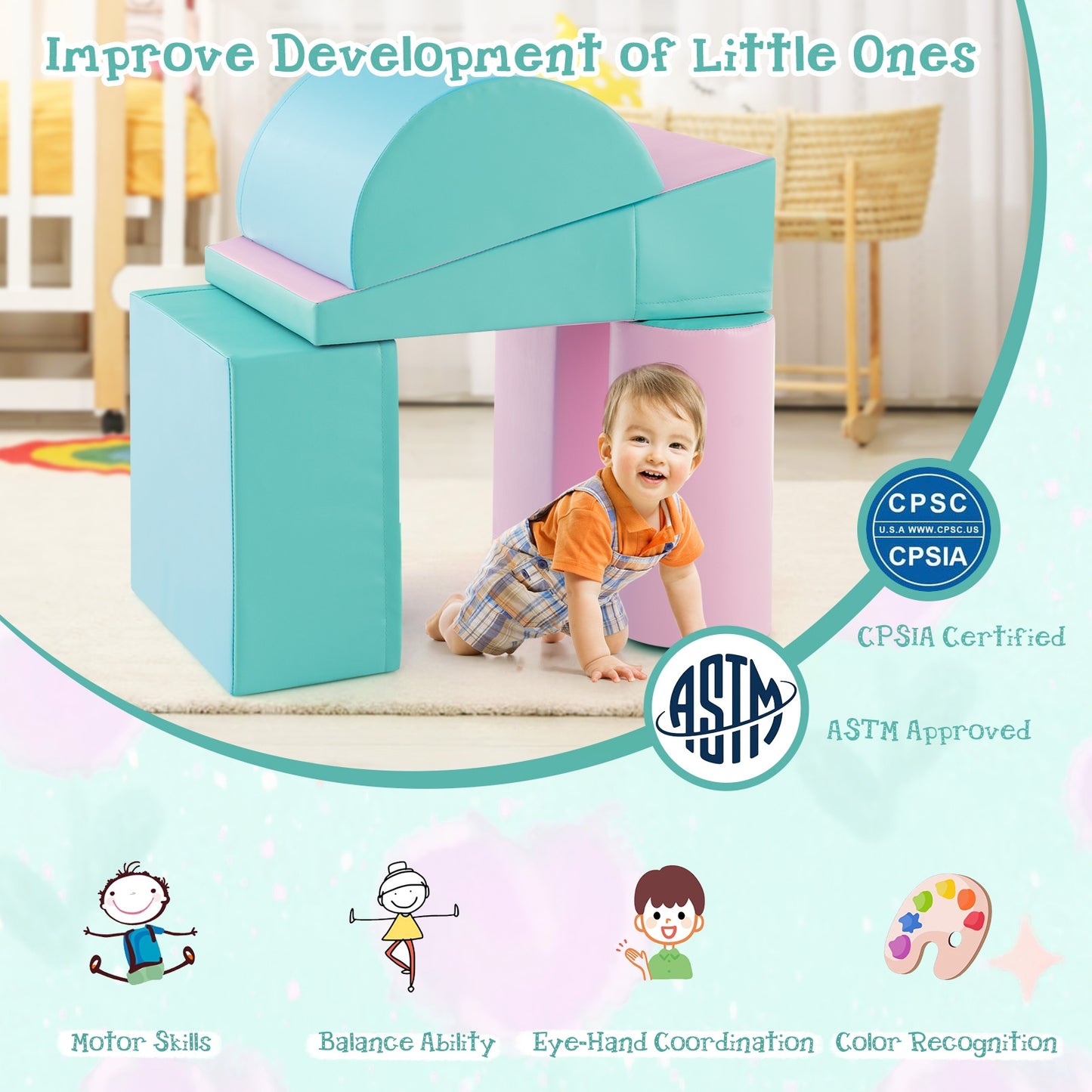 5-Piece Kids Climb and Crawl Activity Playset-Green/blue/pink
