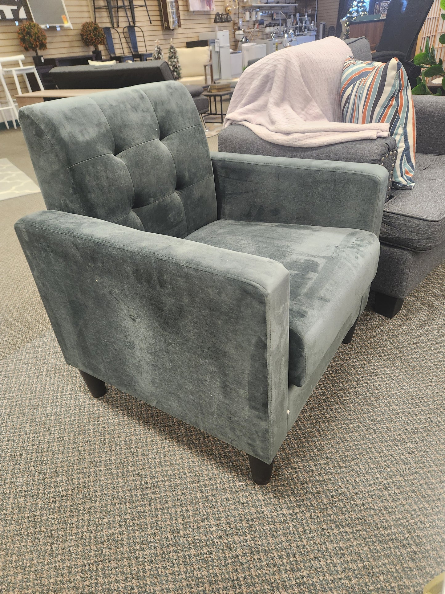 Mid Century Modern Velvet Accent Chair with Tufted Back-Green/Grey