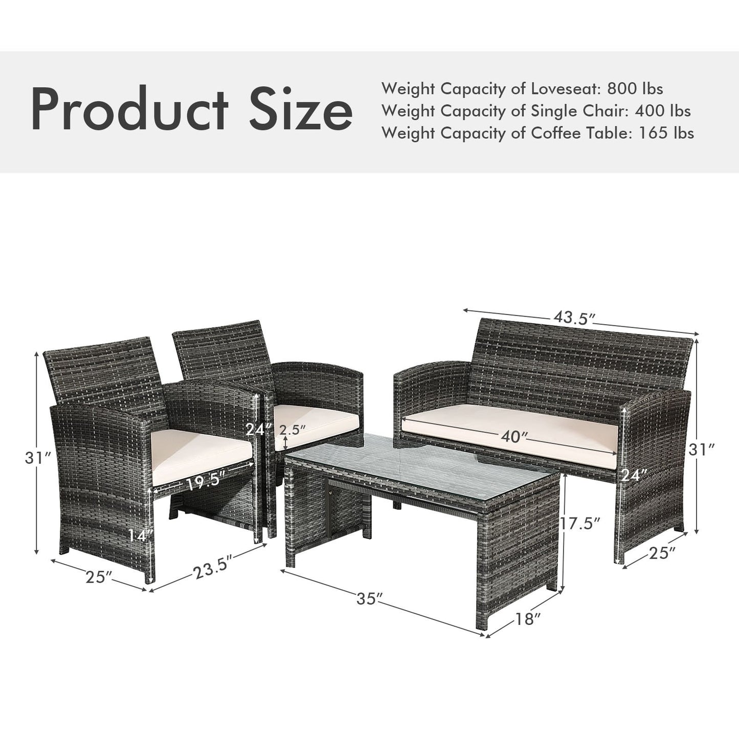 Lark Manor 4pcs Patio Outdoor Rattan Furniture Set Chair Loveseat Table Cushioned *UNASSEMBLED/IN BOX* - WHITE