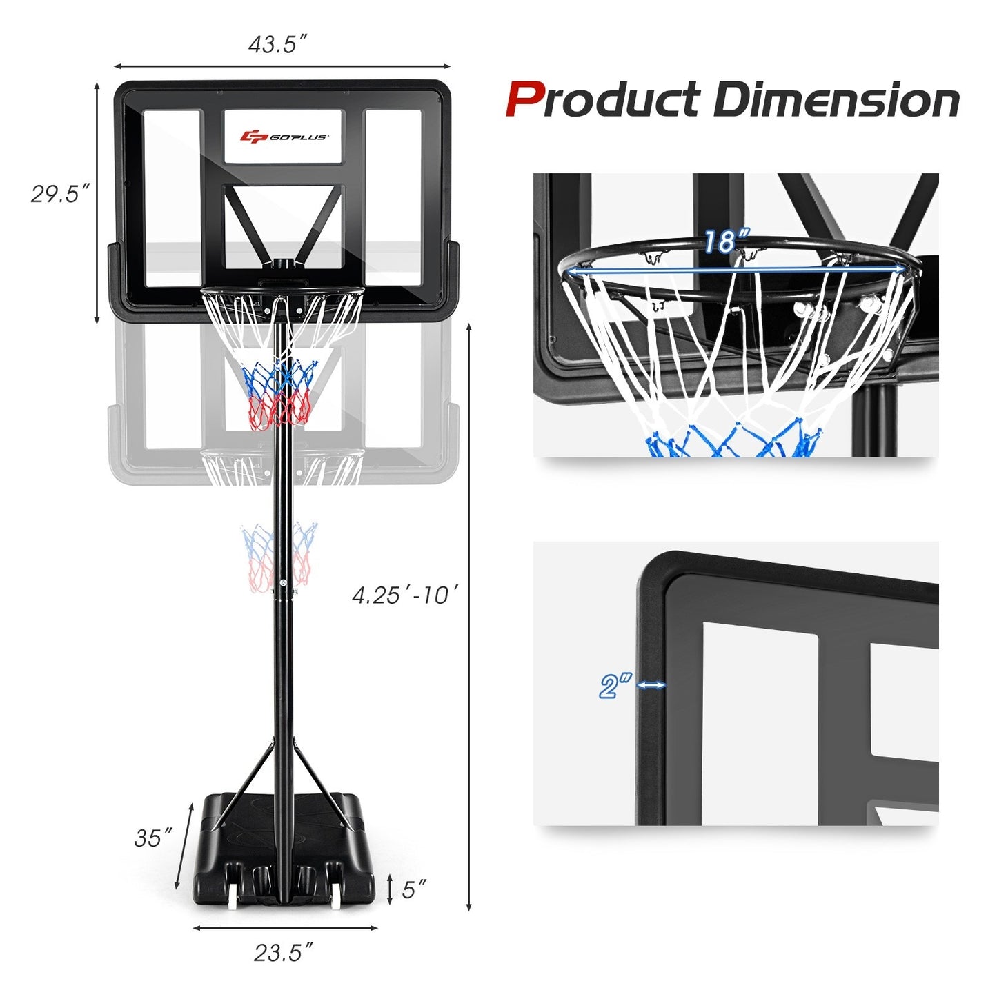 Adjustable Portable Basketball Hoop Stand with Shatterproof Backboard Wheels *UNASSEMBLED/IN BOX*