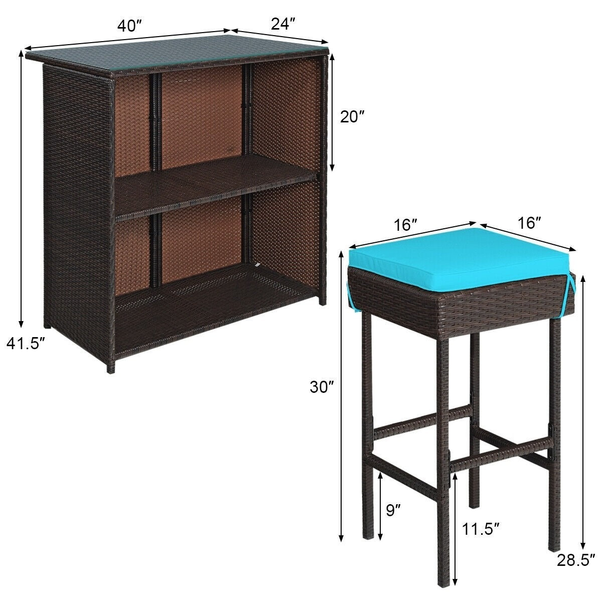 3 Piece Patio Rattan Wicker Bar Table Stools Dining Set *UNASSEMBLED/IN BOX* - HW68745TU