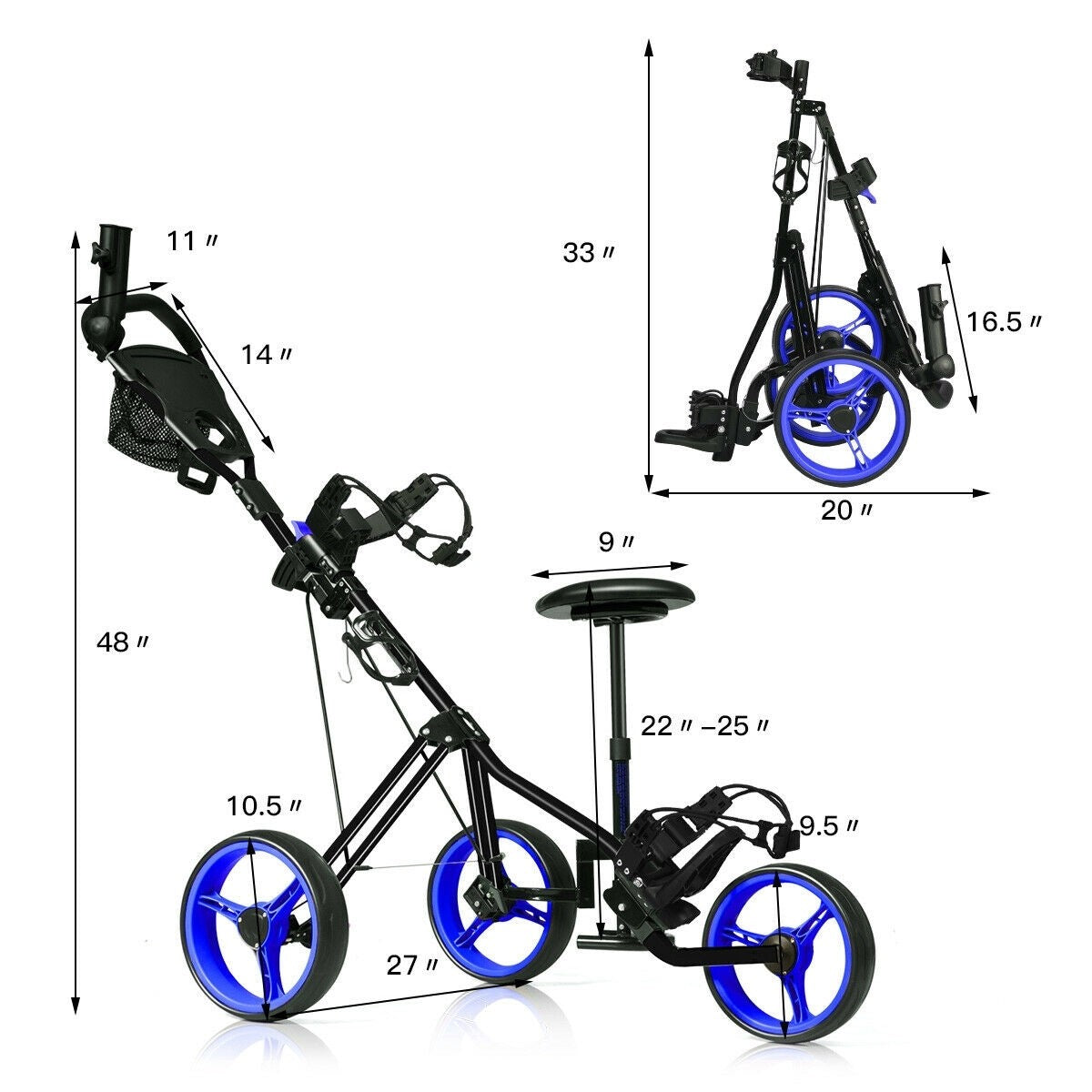 Foldable 3 Wheels Push Pull Golf Trolley with Scoreboard Bag, In box unassembled