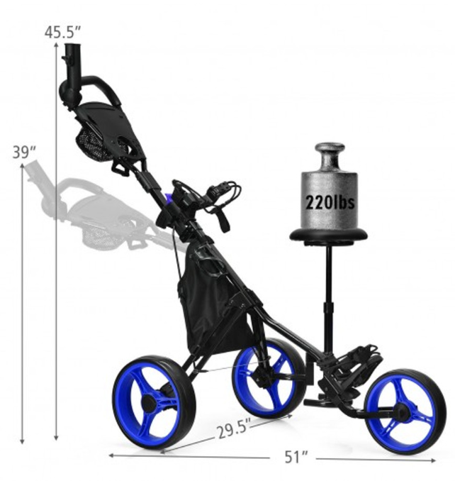 3 Wheels Folding Golf Push Cart With Seat Scoreboard And Adjustable Handle-Blue/black