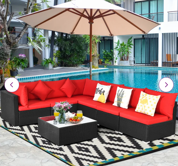 7Piece Outdoor Wicker Set, Black Wicker, Red Cushions, Fully Assembled
