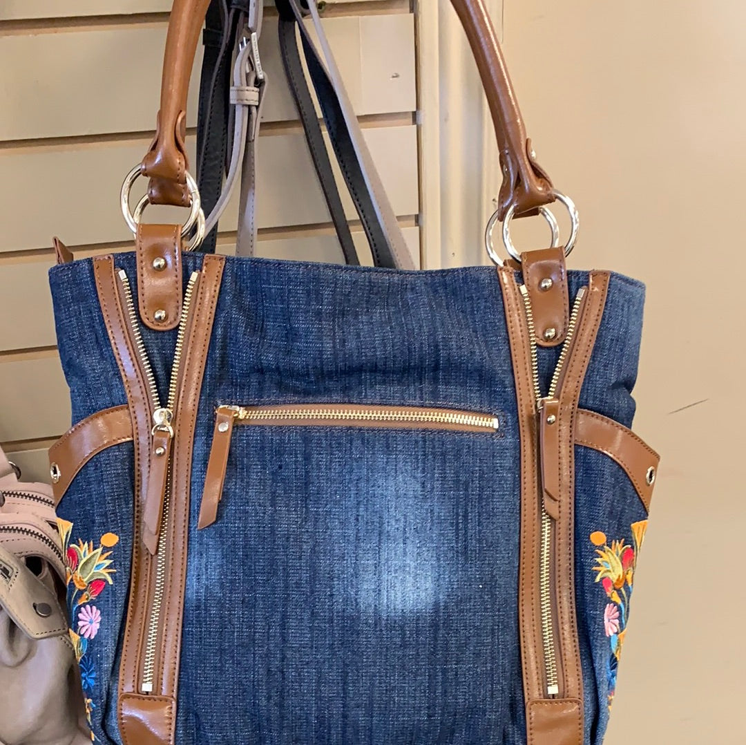 Sharif Handbags Denim Embrodery - Cognac trim