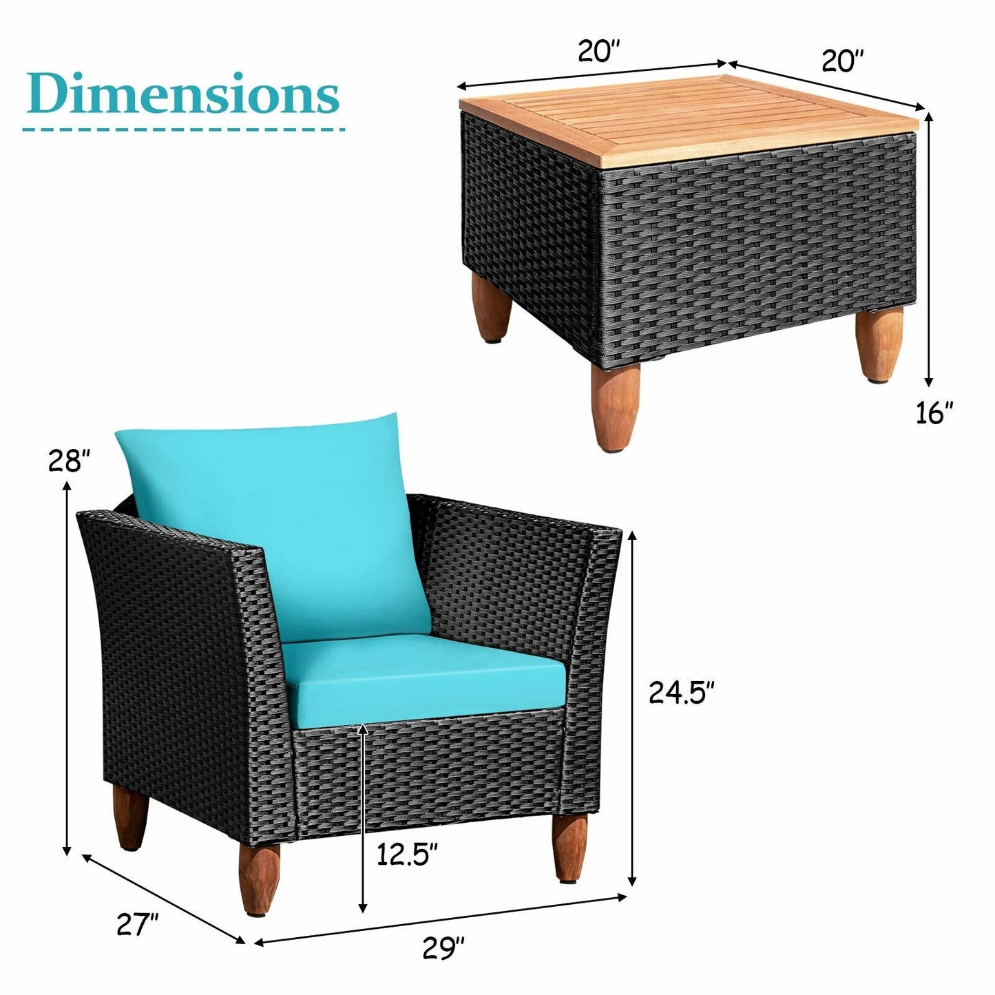 3 Pieces Outdoor Patio Rattan Furniture Set with Coffee Table, Fully Assembled