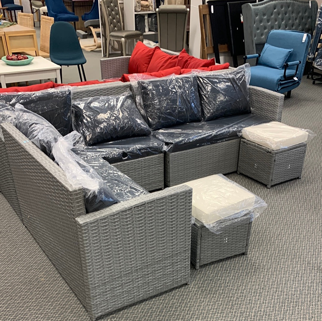 SPECIAL plus NO TAX, Sectional set with 2 stools, fully assembled, black cushions, grey wicker