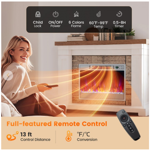 23 Inch 1500W Recessed Electric Fireplace Insert- Silver (No Remote)