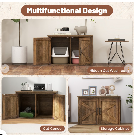 Flip Top Hidden Cat Furniture with Double Barn Doors, and Middle Entry (1 Box, Unassembled)