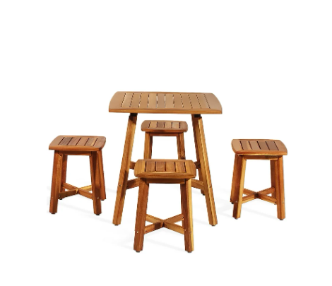 5PCS Acacia Patio Dining Set W/Square Table & 4 Stools Reddish Brown - (Scratch and Dent)
