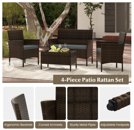 4 Piece Patio Rattan Conversation Set with Cozy Seat Cushions-Grey  (Assembled)