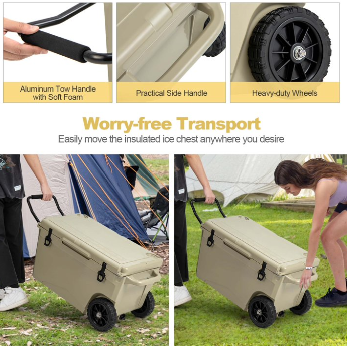 75 Qt Portable Cooler Roto Molded Ice Chest Insulated 5-7 Days with wheels Handle -  Tan