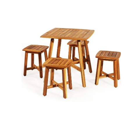 5PCS Acacia Patio Dining Set W/Square Table & 4 Stools Reddish Brown - (Scratch and Dent)