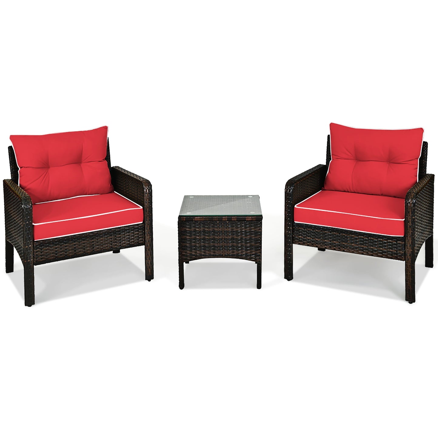 3-Pieces Wicker Patio Conversation Set with RED Cushions, Fully Assembled