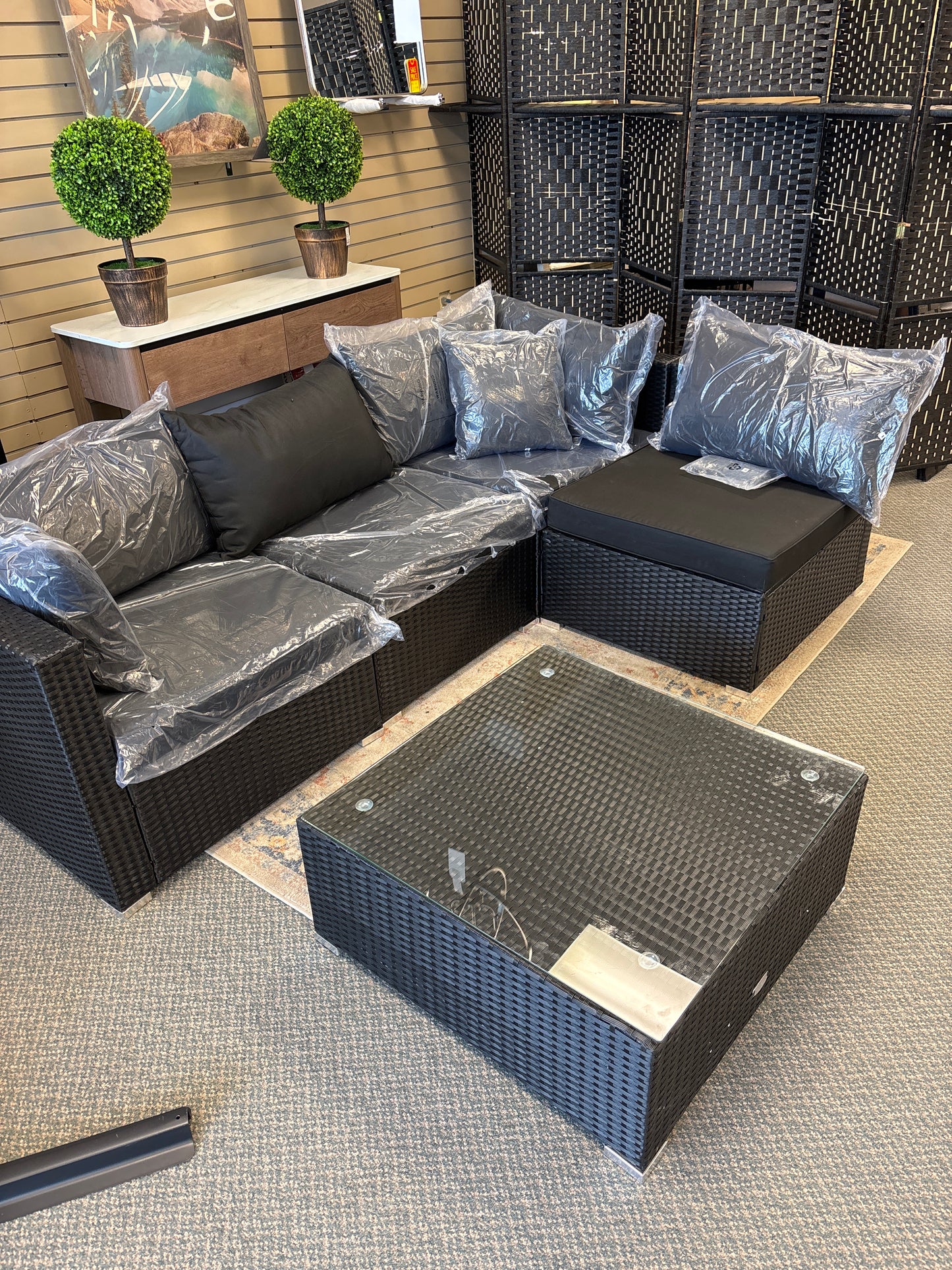 5 piece, deep seating outdoor wicker sectional, fully assembled, black