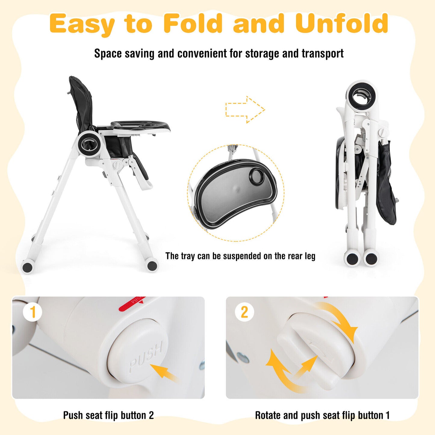 Baby High Chair Foldable Feeding Chair with 4 Lockable Wheels-Black