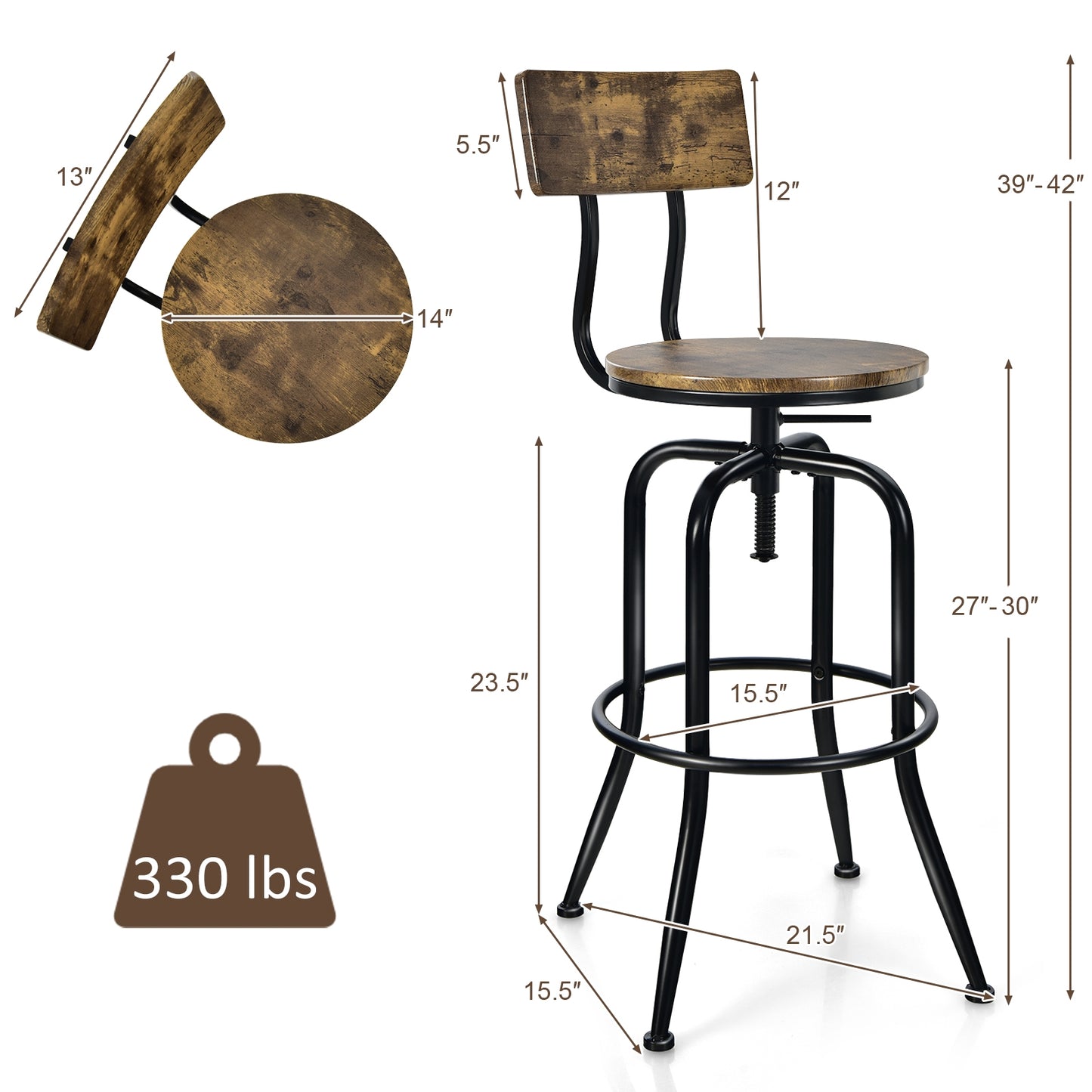 Set of 2 - Adjustable Swivel Counter-Height Stool with Arc-Shaped Backrest-Rustic Brown