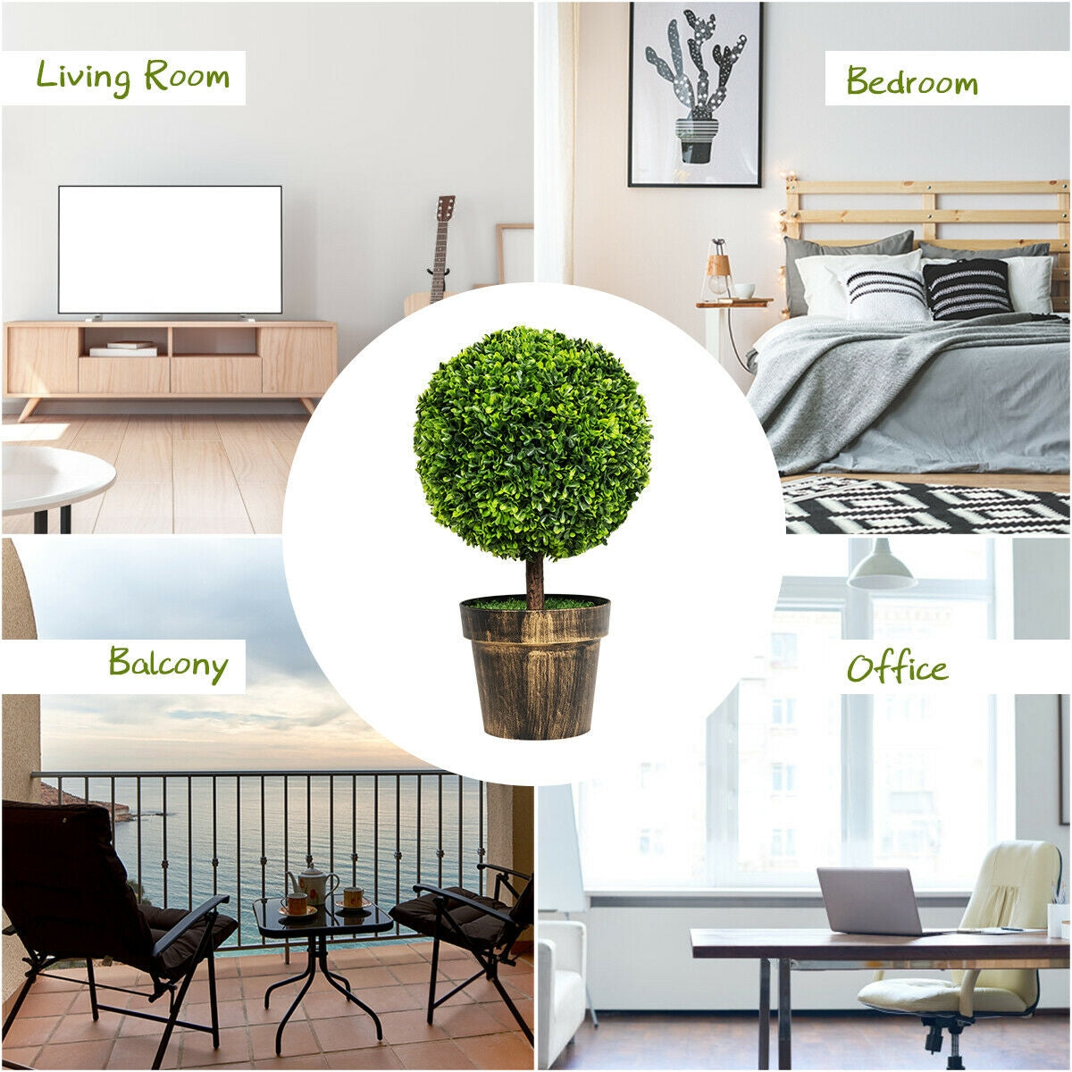 2 Pieces, 24 Inch Artificial Boxwood Topiary Ball Tree for House and Office