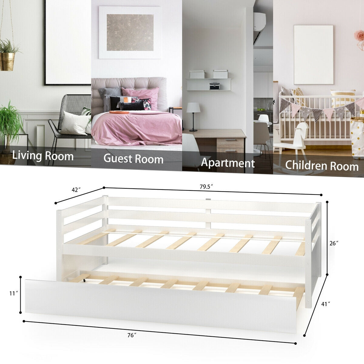 *SPECIAL* Twin Size Wooden Slat Trundle Platform-White (1 Box, Unassembled)