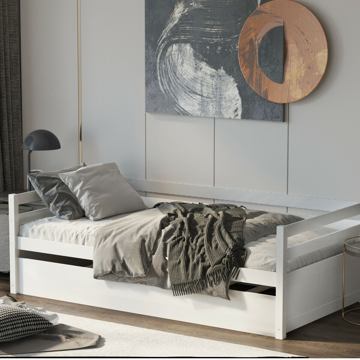 *SPECIAL* Twin Size Wooden Slat Trundle Platform-White (1 Box, Unassembled)
