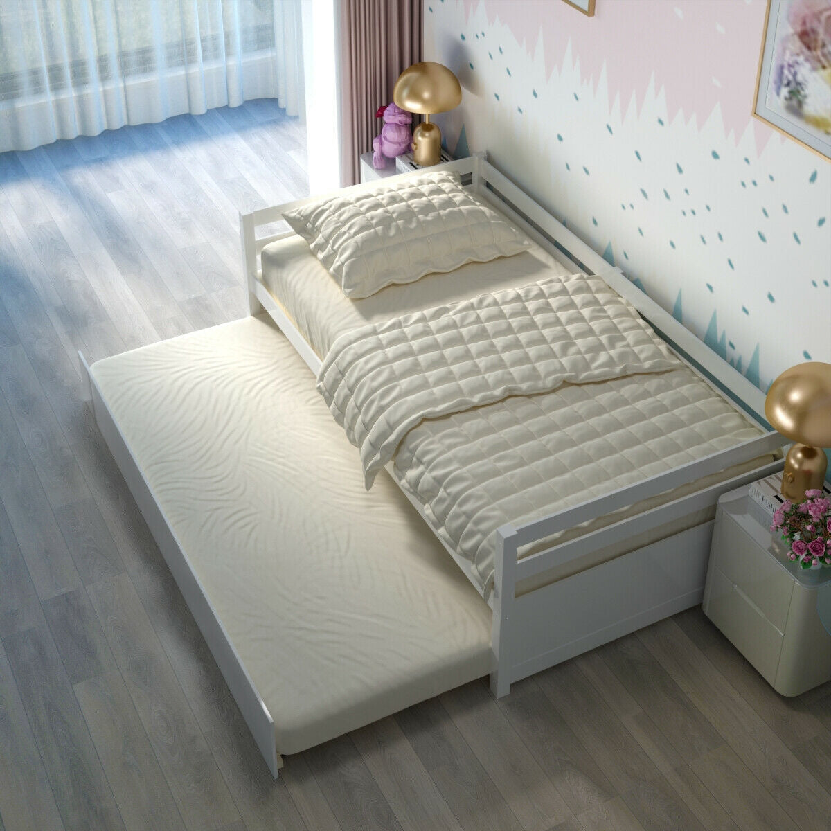 *SPECIAL* Twin Size Wooden Slat Trundle Platform-White (1 Box, Unassembled)