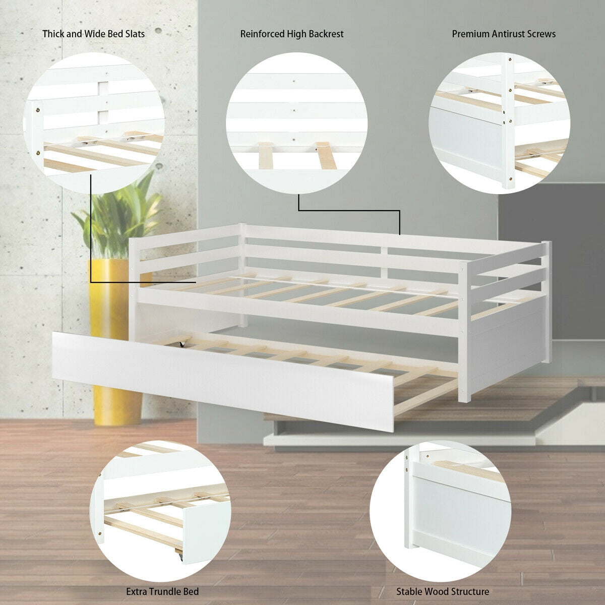 *SPECIAL* Twin Size Wooden Slat Trundle Platform-White (1 Box, Unassembled)